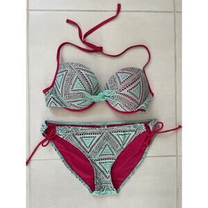 Apollo Swim Bikini Swimsuit Color Block Mesh Plunge Swimwear